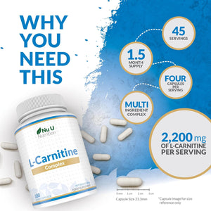 L-Carnitine Tartrate Complex 2200Mg - 180 Vegan Capsules - with Chromium, Riboflavin, Biotin, Vitamin D, B3 & B6 - High Strength L Carnitine Supplement - Made in the UK - Nu U Nutrition