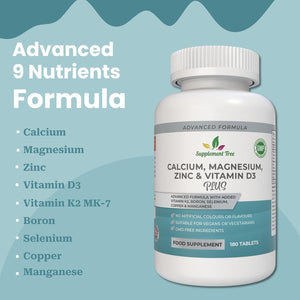 Calcium Magnesium Zinc and Vitamin D plus Vitamin K2 MK-7 Supplement - 180 Vegan Tablets - High Strength Calcium Tablets Complex with Vitamin K2 Copper Manganese Selenium & Boron - UK Made
