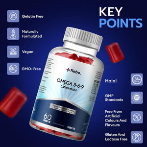 Flebo Vegan Omega 3 6 9 Gummies Fatty Acids Supplements for Adults | High Strength Fish Oil Alternative | Vegetarian, Derived from Flaxseed Oil | Supports Heart, Brain, Liver & Eye Health