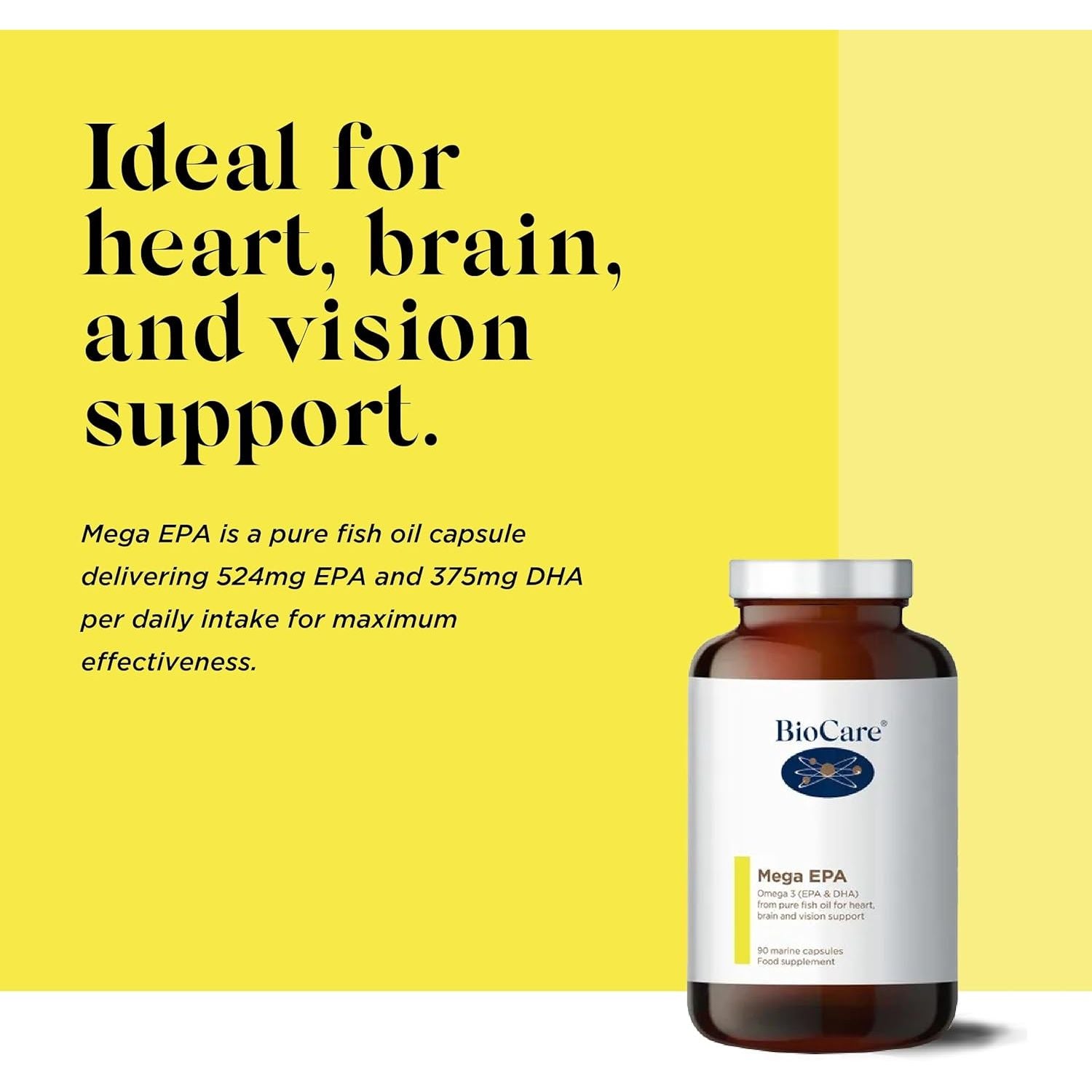 Biocare - Mega EPA - Pure Fish Oil with Omega-3 Fatty Acids, EPA & DHA - Marine Capsules for Heart, Brain & Vision Support - 90 Capsules