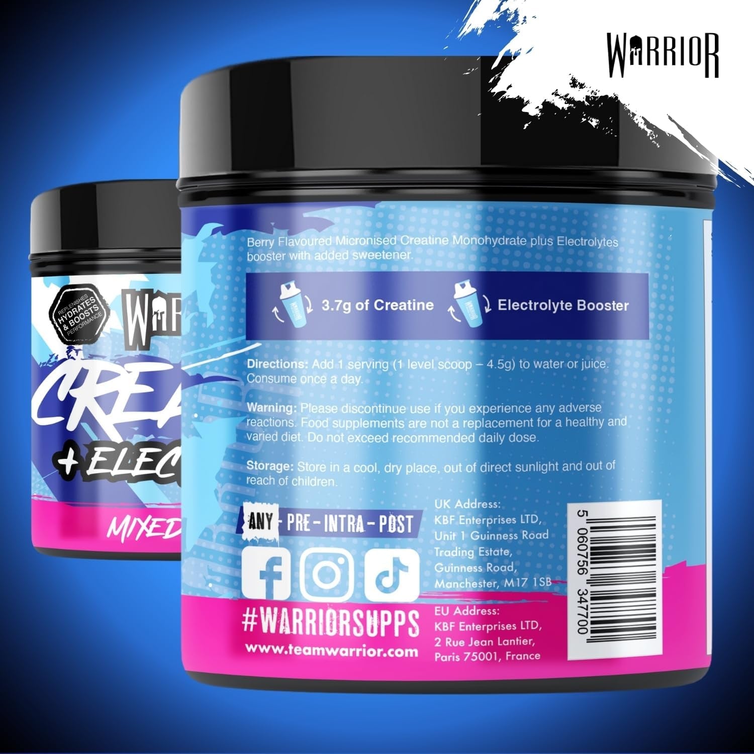 Warrior Creatine Monohydrate plus Electrolytes Powder 360G - Hydration and Performance Drink - Nutrition Shake to Promote Muscle Growth (Not Tablets, Sachet, Gummies) - 80 Servings (Mixed Berry)