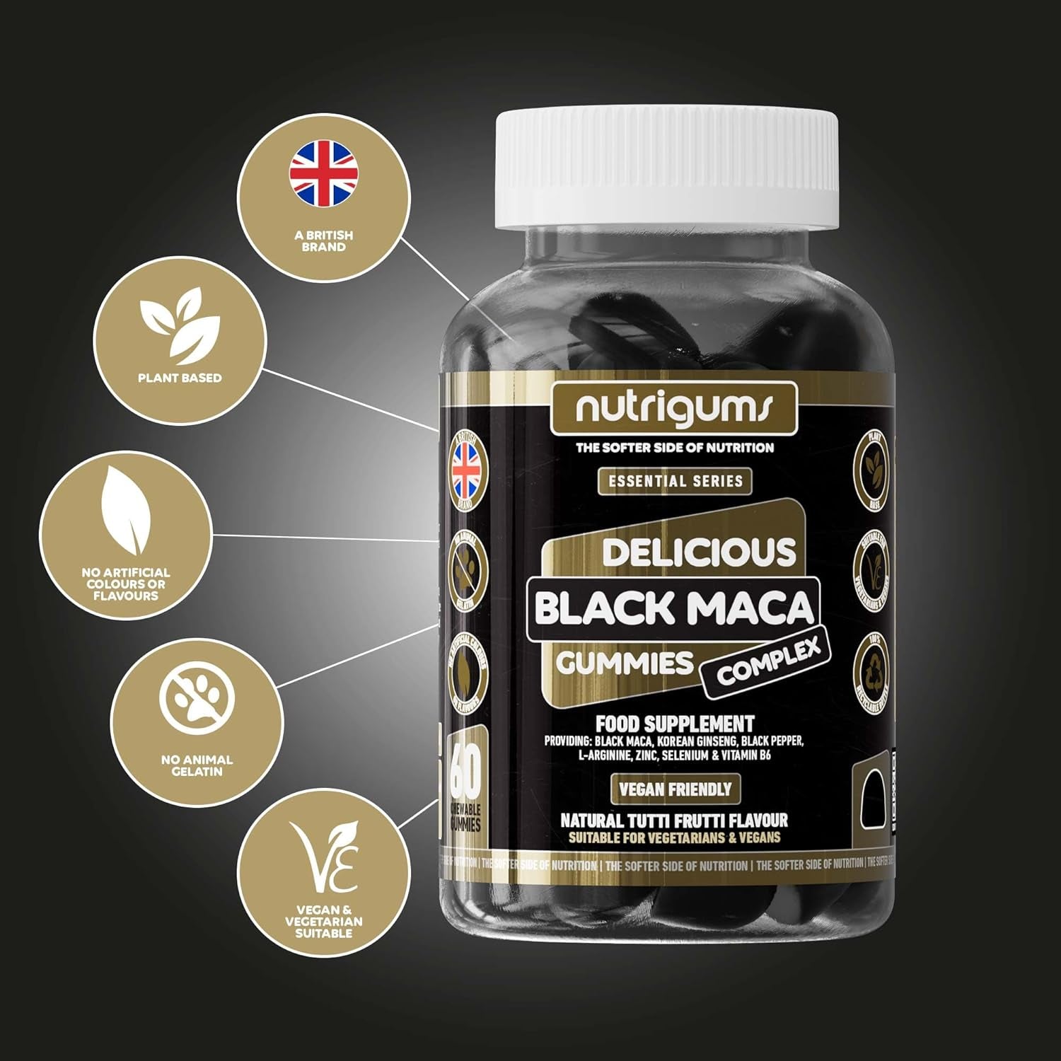 Maca Root 2000Mg Gummy | Tutti Frutti Flavour | 60 Vegan Gummies | Black Maca, Korean Ginseng, L-Arginine, Black Pepper, B6, Zinc & Selenium | High Strength | for Energy & Performance by NUTRIGUMS®