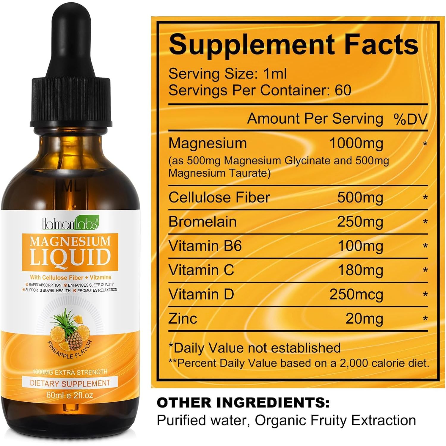 Magnesium Glycinate Liquid Drops - Liquid Magnesium Complex Supplement - Pineapple Flavour, High Absorption, Vegan & Non-Gmo, Support Muscle Relaxation, Bowel Health & Sleep, 60Ml