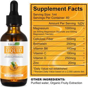 Magnesium Glycinate Liquid Drops - Liquid Magnesium Complex Supplement - Pineapple Flavour, High Absorption, Vegan & Non-Gmo, Support Muscle Relaxation, Bowel Health & Sleep, 60Ml