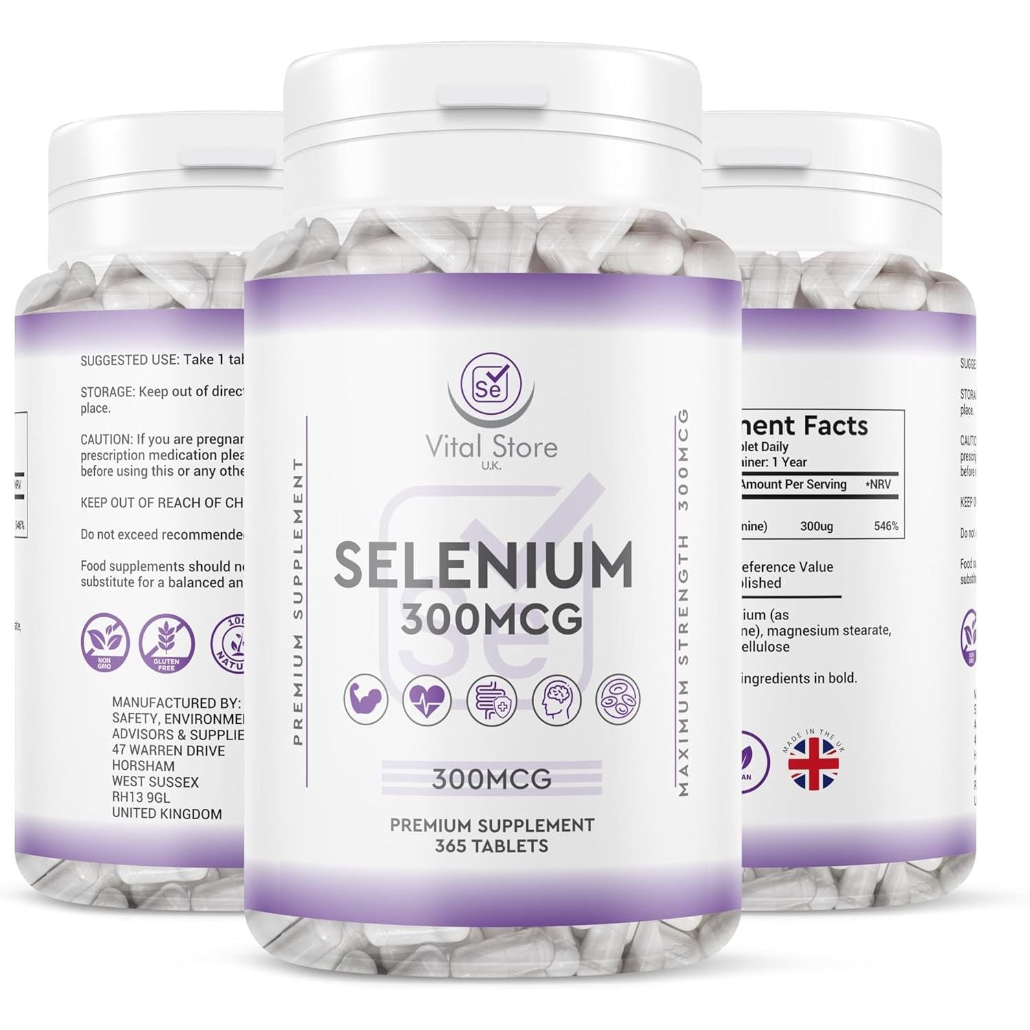 Selenium 300MCG - 1 Year Supply 365 Tablets - Antioxidant, Immune Support Vegan Selenium Supplement