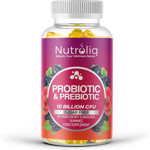 Nutroliq Prebiotic & Probiotic Sugar-Free Gummies - Gut Health Supplements for Women, Men, Kids to Support Digestive System, Immune System Booster - 10 Billion CFU per Serving, Vegan - 60 Gummies