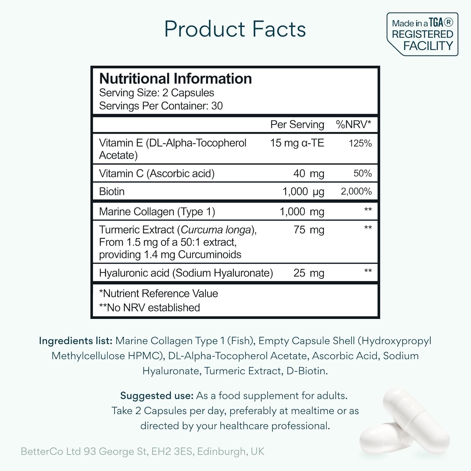 Bettervits Collagen Complex with Hyaluronic Acid and Vitamin C | Marine Collagen Supplements for Women and Men with Biotin | High-Strength Vitamin E for Skin, Hair, Nails, Joint Health - 60 Capsules