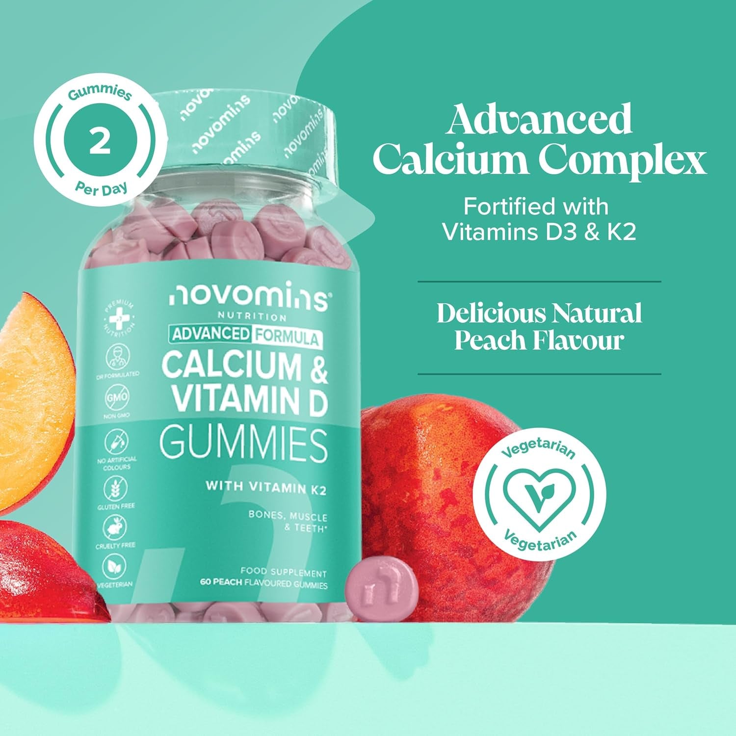 Calcium Gummies - 1 Month Supply - Vegetarian Formula with 400Mg Calcium, Vitamin D3 K2 (MK7) - Healthy Muscles and Bones - Alternative to Tablets & Vitamin D Tablets - Novomins