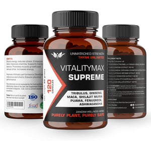 Vitality Max Supreme - Premium Vitality Health Supplement with Fenugreek, Panax Ginseng, Ashwagandha, Maca, Tribulus Terrestris, Himalayan Shilajit - 120 Vegan Supplements Capsules