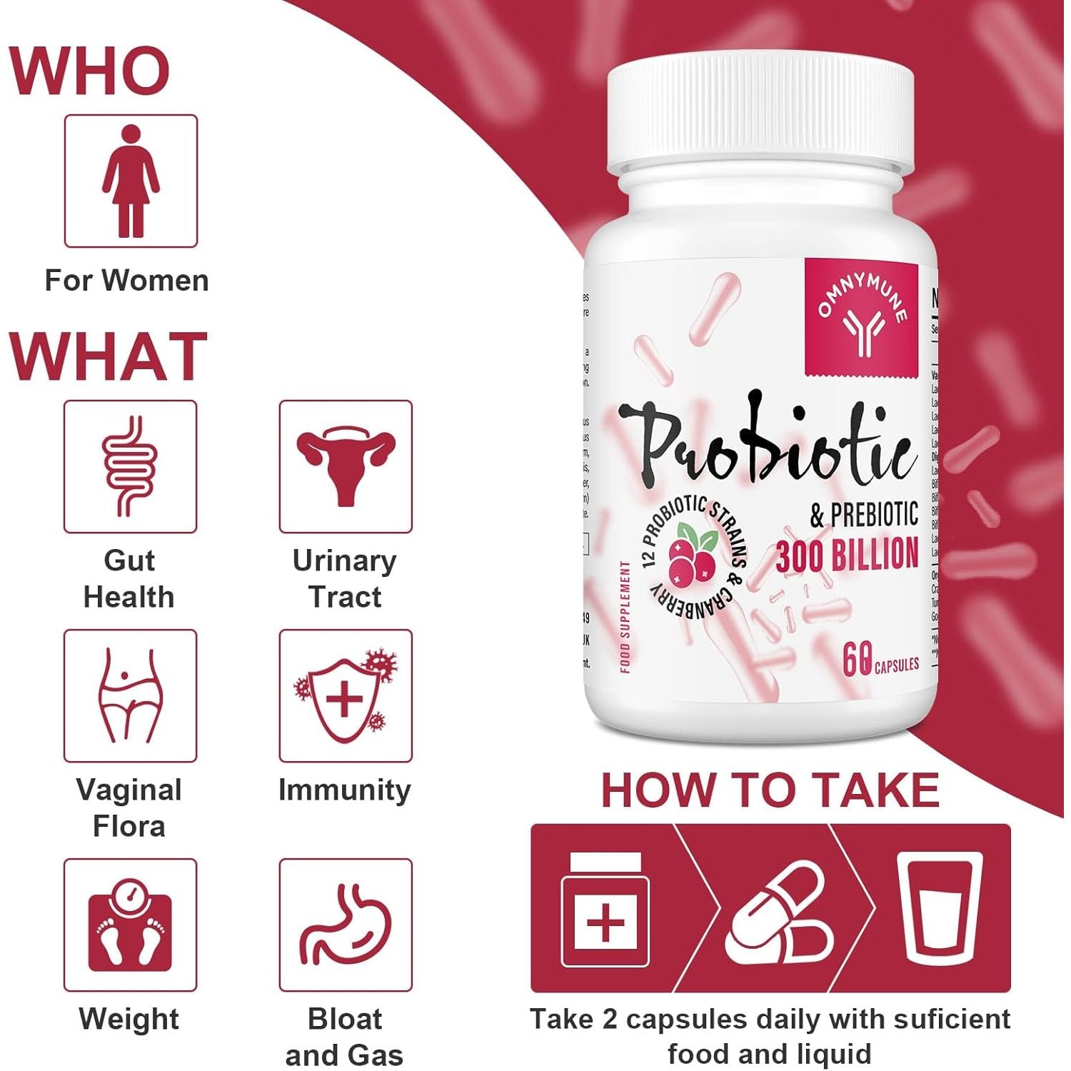 Probiotics for Women 300 Billion CFU, 12 Strains + Prebiotics, Digestive & Vaginal Health, 60 Capsules