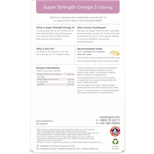 Healthspan Super Strength Omega 3 1,200Mg | Brain, Heart & Eye Health | 240Mg DHA & 360Mg EPA per Capsule| Highly Purified to Remove Toxins | Sustainably Sourced Fish Oil (120 Capsules)