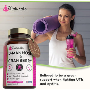 120 D-Mannose and Cranberry Capsules - (2 Months Supply) 1000Mg Extract per Serving - UK Made Vegan Supplement (Not Tablets) - High Strength Natural UTI Support for Women & Men
