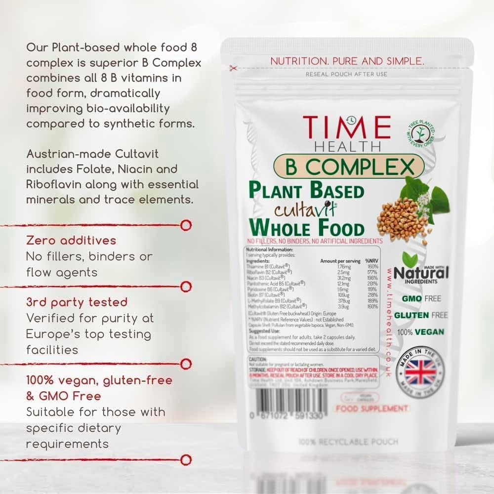 Vitamin B Complex - Whole Food & Plant-Derived - Natural, Non-Synthetic B Vitamins - Highly Bioavailable - Methylated B9 & B12 - Cultavit® - Zero Additives - UK Made - Pullulan (120 Capsule Pouch)