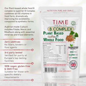 Vitamin B Complex - Whole Food & Plant-Derived - Natural, Non-Synthetic B Vitamins - Highly Bioavailable - Methylated B9 & B12 - Cultavit® - Zero Additives - UK Made - Pullulan (120 Capsule Pouch)