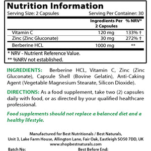 Best Naturals Berberine plus with Berberine Hcl, Vitamin C and Zinc, 1000 Mg, 60 Capsules