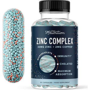 Zinc 30Mg Microbeadlets with Copper | Highly Absorbable Zinc Bisglycinate & Orotate with 2Mg Chelated Copper + Vitamin B6 | Vegan, Gluten-Free | Acne Support Supplements | 60 Capsules