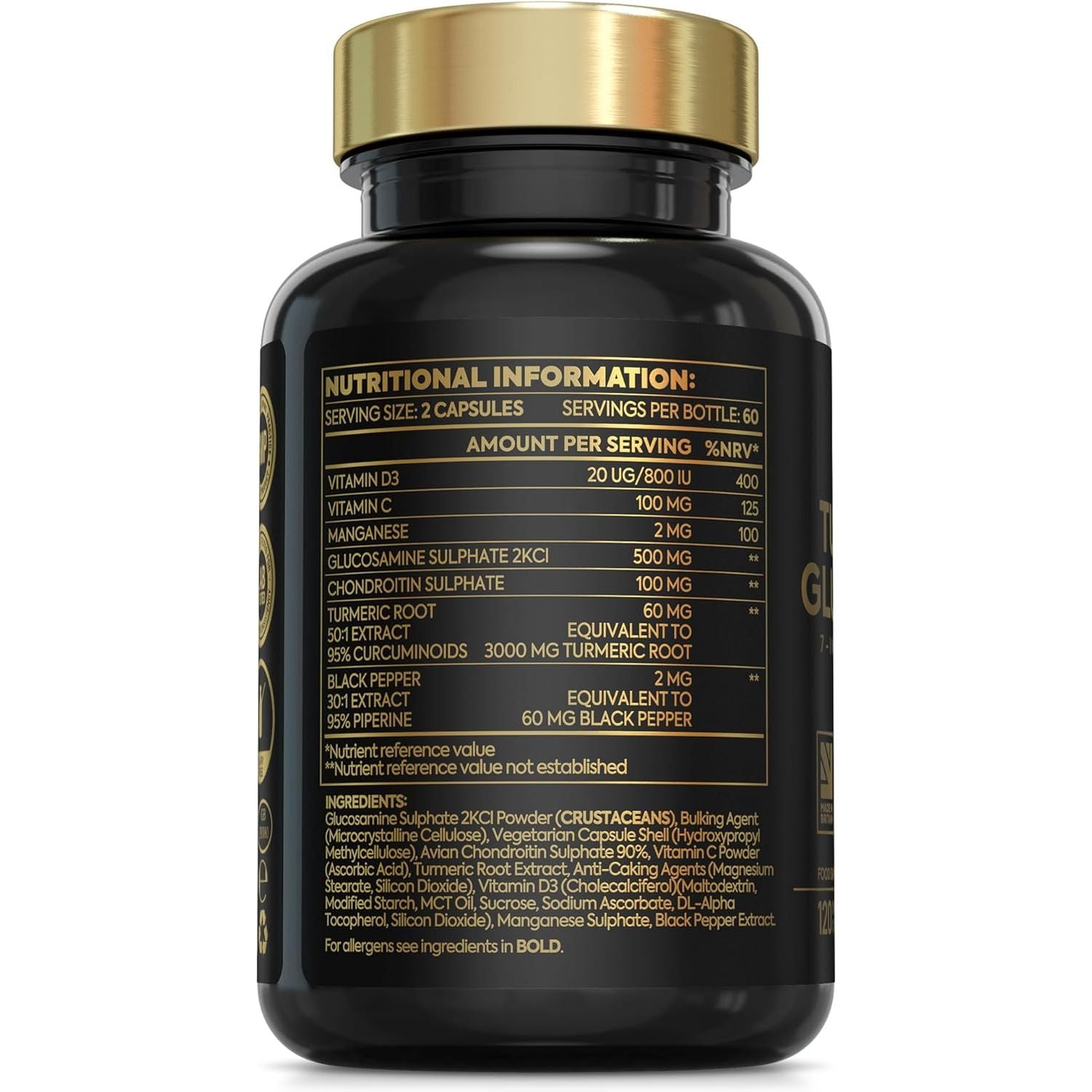 7-In-1 Turmeric and Black Pepper Capsules W/Glucosamine and Chondroitin High Strength | Made in the UK | High Absorption Tumeric Supplement | Glucosamine Sulphate & Turmeric Tablets | 120 Capsules