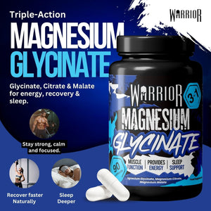 Warrior Magnesium Glycinate 3-In-1 Complex – High Strength Absorption Nutrition Supplement 384Mg 90 Vegan Capsules, UK Made Cognitive Wellness and Enhances Sleep & Muscle Relaxation
