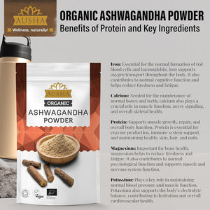 Ausha Organic Ashwagandha Powder 500G | High Strength - UK Certified Organic by Soil Association - for Stress and Anxiety Relief, Energy, Sleep Aid - Whole Ashwagandha Root Used