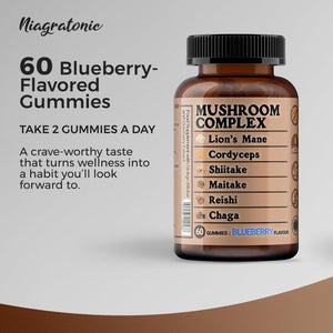 Mushroom Complex 60 Gummies, Lion’S Mane, Cordyceps, Shiitake, Maitake, Reishi, Chaga with Ginkgo Biloba and Elderburry Extract, Sugar Free
