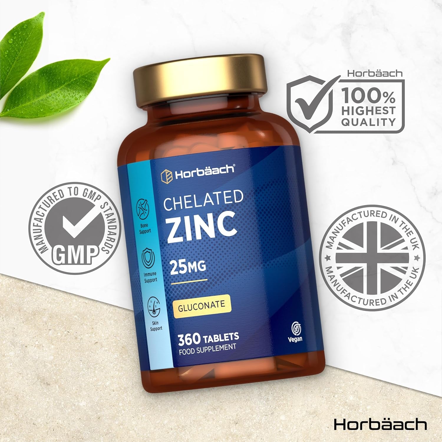 Zinc Tablets 25Mg | (1 Year Supply) High Absorption Chelated Zinc | Immunity Support Supplements | 360 Vegan Tablets | by Horbaach