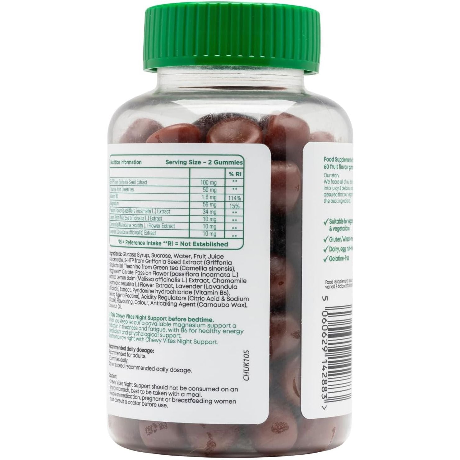 Chewy Vites Adult Night Support, 60 Non-Melatonin Gummies with 5-HTP, Magnesium, Theanine, Chamomile, Lavender, Herbal Night Time Gummies, 1 Months Supply, Berries Flavour