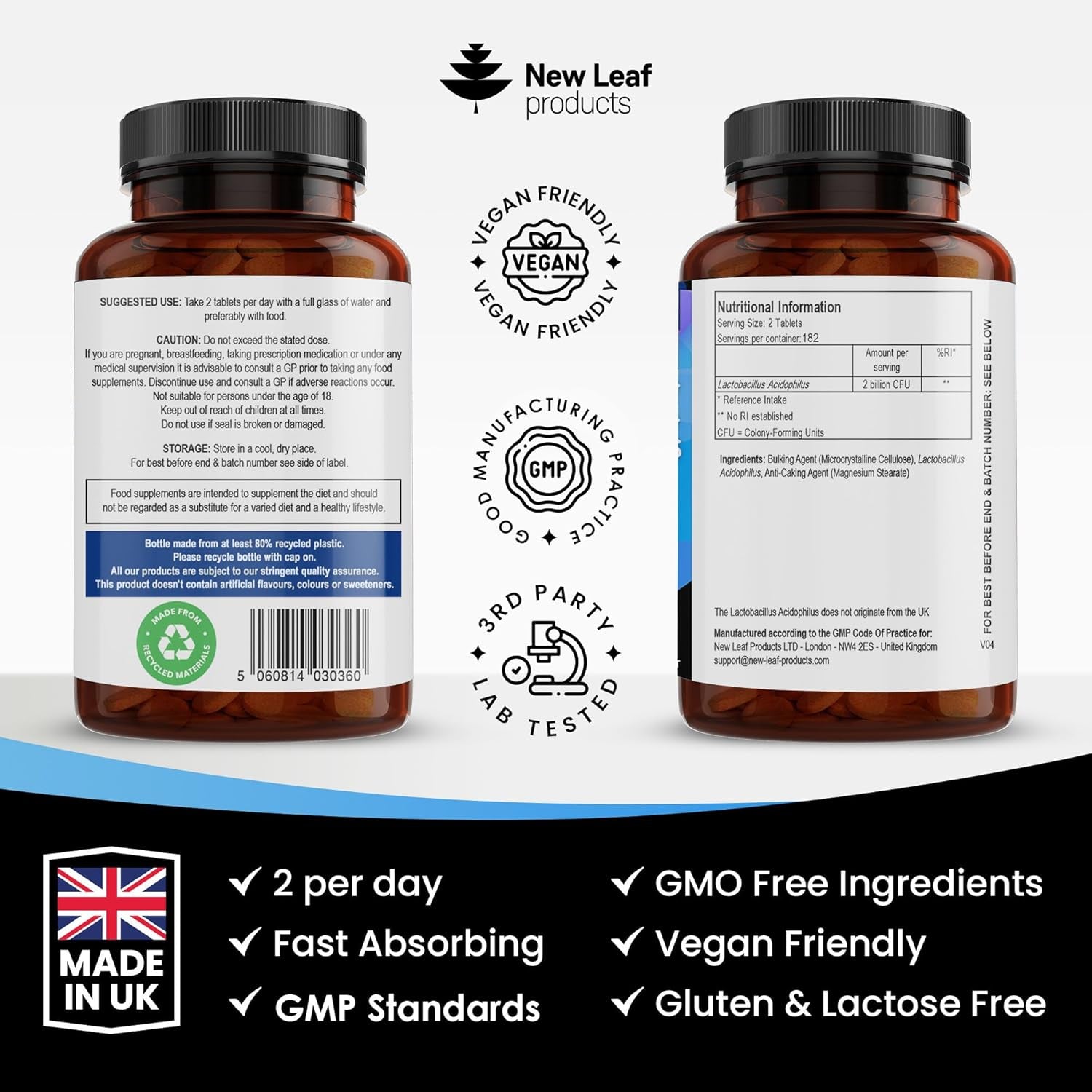 Lactobacillus Acidophilus Supplements 365 Tablets High Strength - Digestive & Gut Health Supplements Lactobacillus Live Cultures for Gut Health - Vegan, Gmo-Free, Gluten-Free, GMP, UK Made