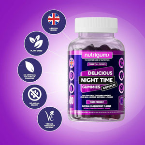 Night Time Complex Gummy | Chamomile, Lemon Balm, Lavender, Griffonia & L-Theanine | Passionfruit Flavour | 60 Vegan Gummies | Sleep & Bed Relaxation Support by NUTRIGUMS®