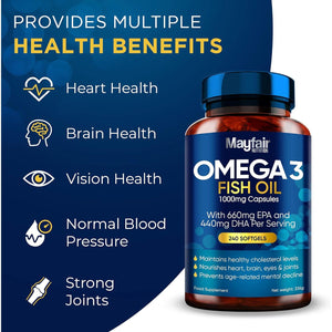 Omega 3 1000Mg Capsules - 240 Fish Oil Tablets with 660Mg EPA & 440Mg DHA per Daily Serving - Supports Heart, Vision, & Brain Health - 4 Months Supply - Made in UK…