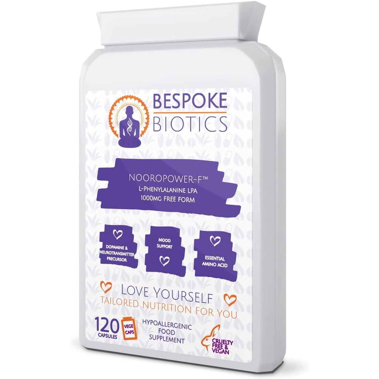 L-Phenylalanine 1000Mg LPA 120 Capsules Free Form (Vegan) No Additives for Mood Booster, Memory, Attention, Natural Pain Relief, Vitiligo, Thyroid NOOROPOWER-F GMP Standards | Bespoke Biotics