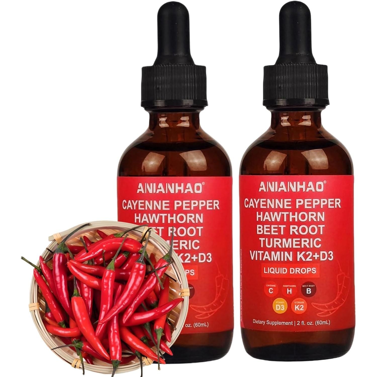 2 Bottles Cayenne Pepper 120Ml - Cayenne Pepper Supplement - Vitamin K2+D3 Liquid Drops - Suitable for Vegan Vegetarian Halal & Kosher Diet - (2 Month Supply)