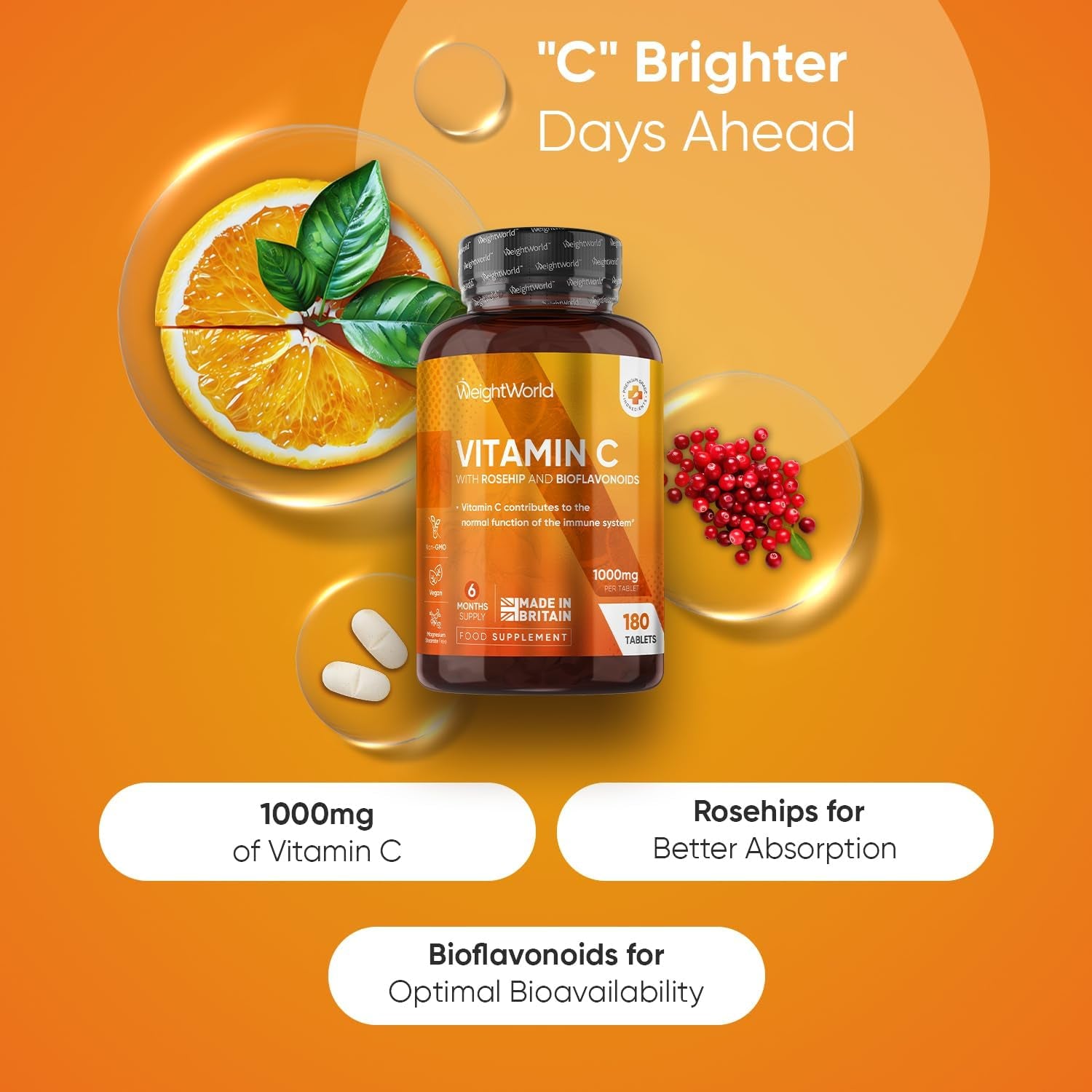 Vitamin C Tablets 1000Mg - 180 Tablets - 6 Months Supply - Added Rosehips & Bioflavonoids - Vegan, Gluten-Free & Non-Gmo - VIT C Supplement (As Ascorbic Acid) - 1 per Day - Made in the UK