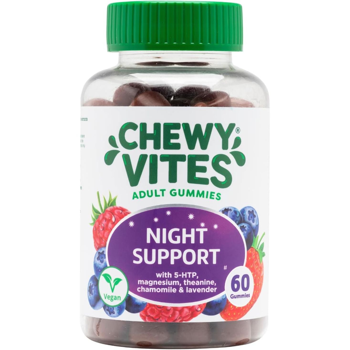 Chewy Vites Adult Night Support, 60 Non-Melatonin Gummies with 5-HTP, Magnesium, Theanine, Chamomile, Lavender, Herbal Night Time Gummies, 1 Months Supply, Berries Flavour