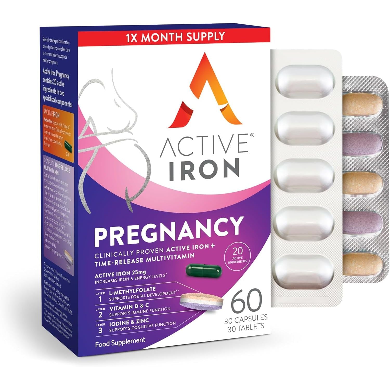 Active Iron Pregnancy, Nutritional Support for Prenatal Care & Foetal Development, 30 X 25 Mg Iron Capsules, 30 X Triple Layer Multivitamin Tablet (L-Methylfolate, Vitamin D & Calcium), 1 Month Supply