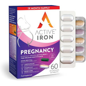 Active Iron Pregnancy, Nutritional Support for Prenatal Care & Foetal Development, 30 X 25 Mg Iron Capsules, 30 X Triple Layer Multivitamin Tablet (L-Methylfolate, Vitamin D & Calcium), 1 Month Supply