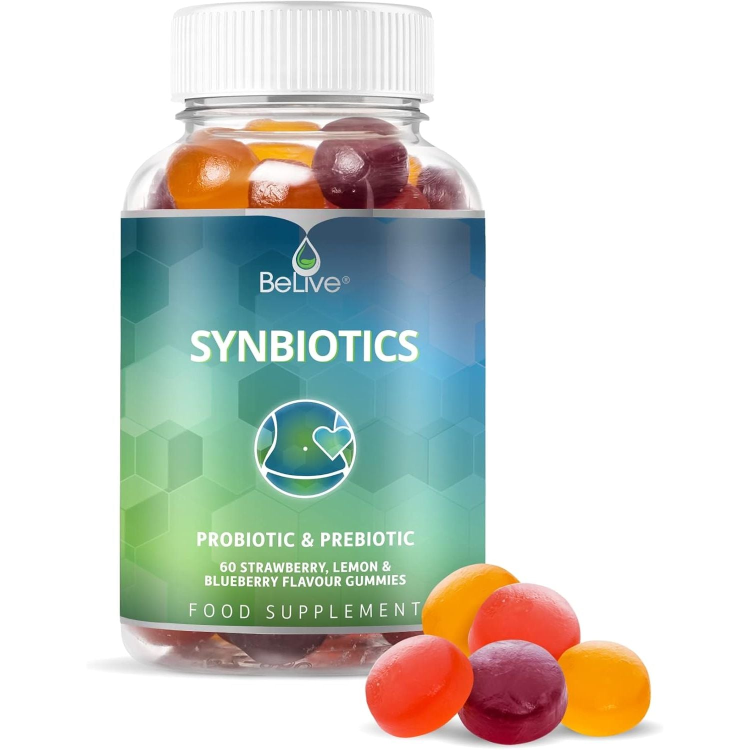 Probiotic + Prebiotic Fiber Gummies Sweetened with Stevia and Tapioca - Suitable for Kids & Adults, for Better Gut Health, High Potent Probiotics & Fiber - 60 Strawberry, Lemon, Blueberry Gummy