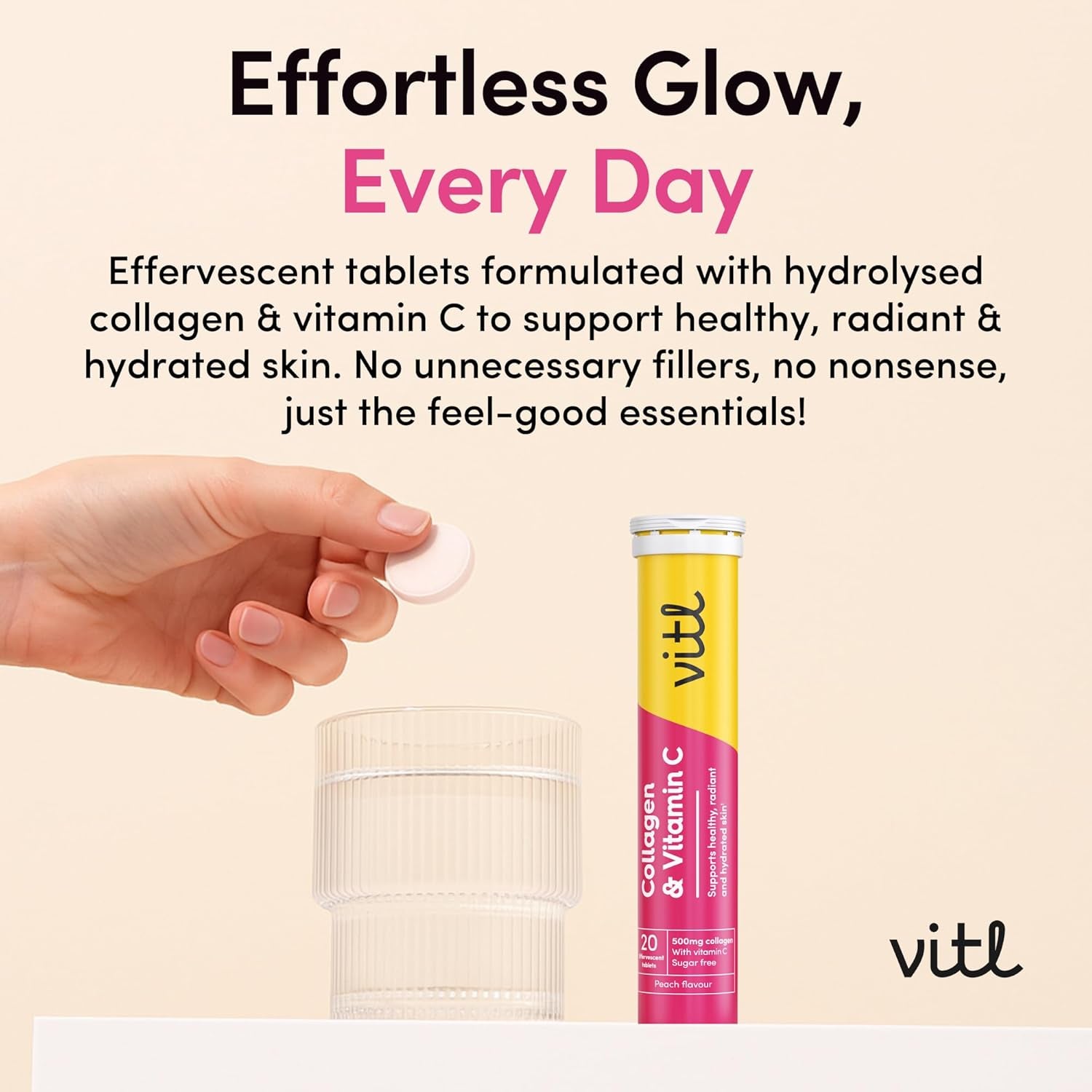 Vitl Collagen & Vitamin C Effervescent - 20 Tablets - Unleash Your Radiant Beauty from within - 1 Month Supply