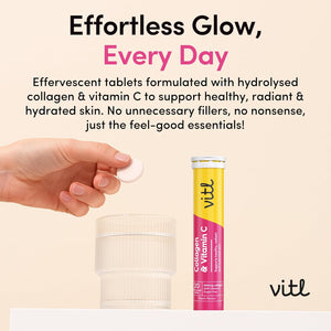 Vitl Collagen & Vitamin C Effervescent - 20 Tablets - Unleash Your Radiant Beauty from within - 1 Month Supply