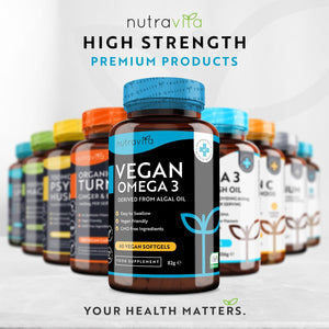 Vegan High Strength Omega 3 2000Mg Soft Gels - 600Mg DHA & 300Mg EPA per Serving - Plant-Based Omega 3 Softgels Derived from Sustainable Algal Oil - 60 Vegan Softgels - Made in the UK by Nutravita