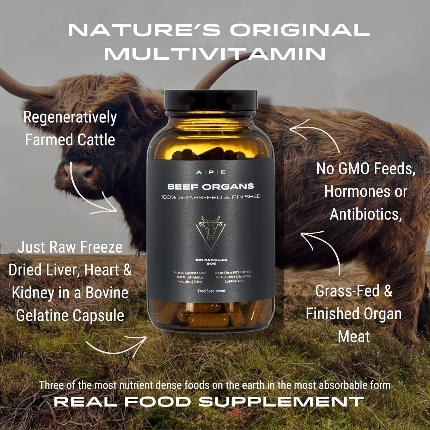 APE Nutrition Beef Organs Grass Fed - Liver Kidney Heart Organ Capsules, Ancestral Supplement UK, Nose to Tail, 100% Grass Fed & Finished, No Antibiotics Hormones or Gmos, 180 500Mg Capsules