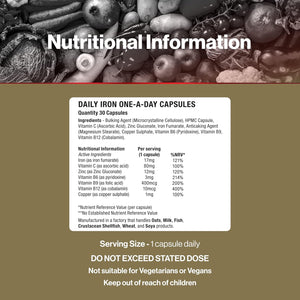 Vit Direct - Daily Iron Supplements - 30 Capsules - with Added Folic Acid & Vitamin B12 - Supports Haemoglobin & Red Blood Cell Function - Reduces Tiredness & Fatigue - Energy Supplements