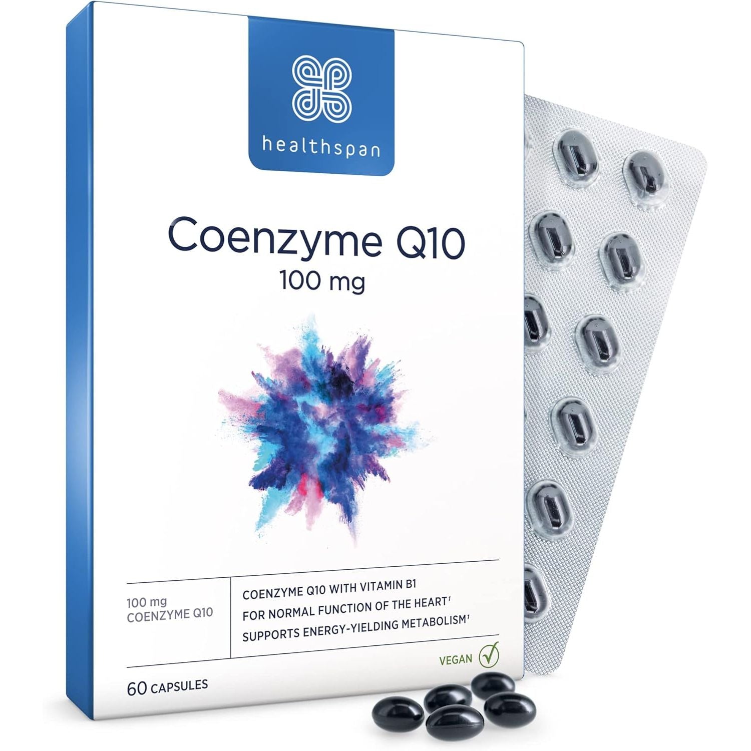Healthspan Coenzyme Q10 100Mg | 60 Capsules | Supports Heart Health & Energy Metabolism | Added Vitamin B1 | All Natural Coq10 Fermented for Optimum Purity | Sunflower Oil Base | Vegan