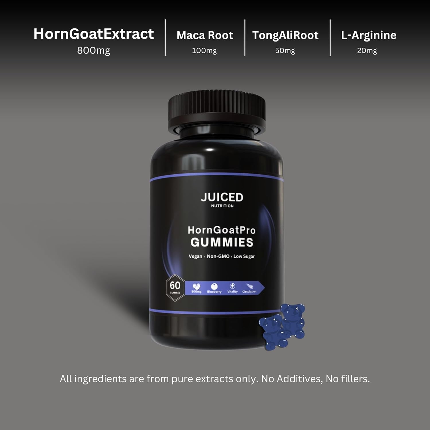 Horngoatpro Gummies - 60 Gummies Blueberry Flavour - with Added Tongaliextract, Maca Root, L-Arginine for Maximum Effect - Vegan, Non GMO, Gluten Free and Low Sugar - for Vitality