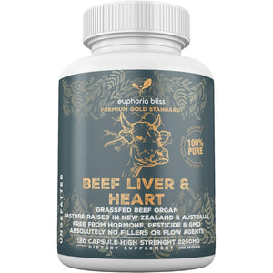 Grass Fed Desiccated Beef Liver & Heart Capsules 2250Mg (120 Pills, 750Mg Each) – Coq10 - Energy - Digestion – Heart - Detoxification Non-Gmo - Freeze Dried - Pasture Raised Undefatted in New Zealand