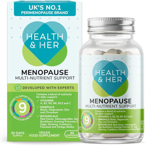 Health & Her Menopause Supplements for Women - Multi-Nutrient Wellbeing Support - Wellbeing for Menopause - 1 Month Supply, 60 Capsules - Vegan