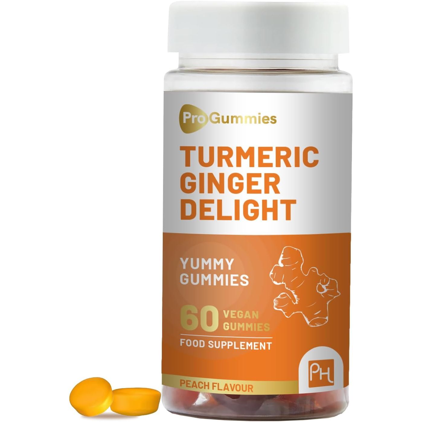 Turmeric and Ginger Gummies | 60 Vegan Pro Gummies | Natural Peach Flavour | Mouth-Watering Gummies for Overall Health and Well-Being by Prowise