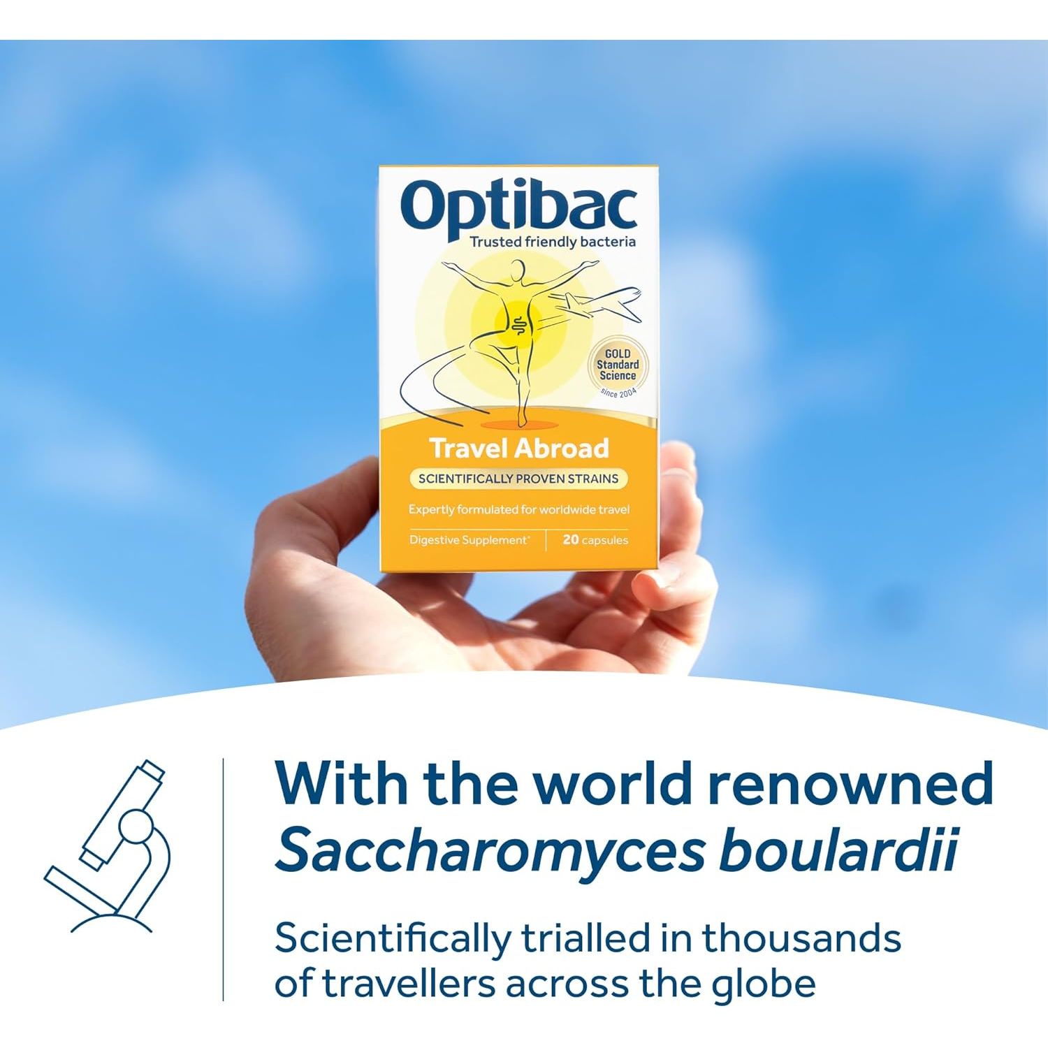 Optibac Probiotics Travel Abroad - Highly Researched Vegan Digestive Probiotic Supplement - Expertly Formulated for Travel & a Range of Climate Conditions - with Saccharomyces Boulardii - 20 Capsules