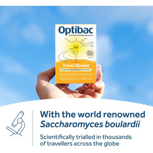 Optibac Probiotics Travel Abroad - Highly Researched Vegan Digestive Probiotic Supplement - Expertly Formulated for Travel & a Range of Climate Conditions - with Saccharomyces Boulardii - 20 Capsules