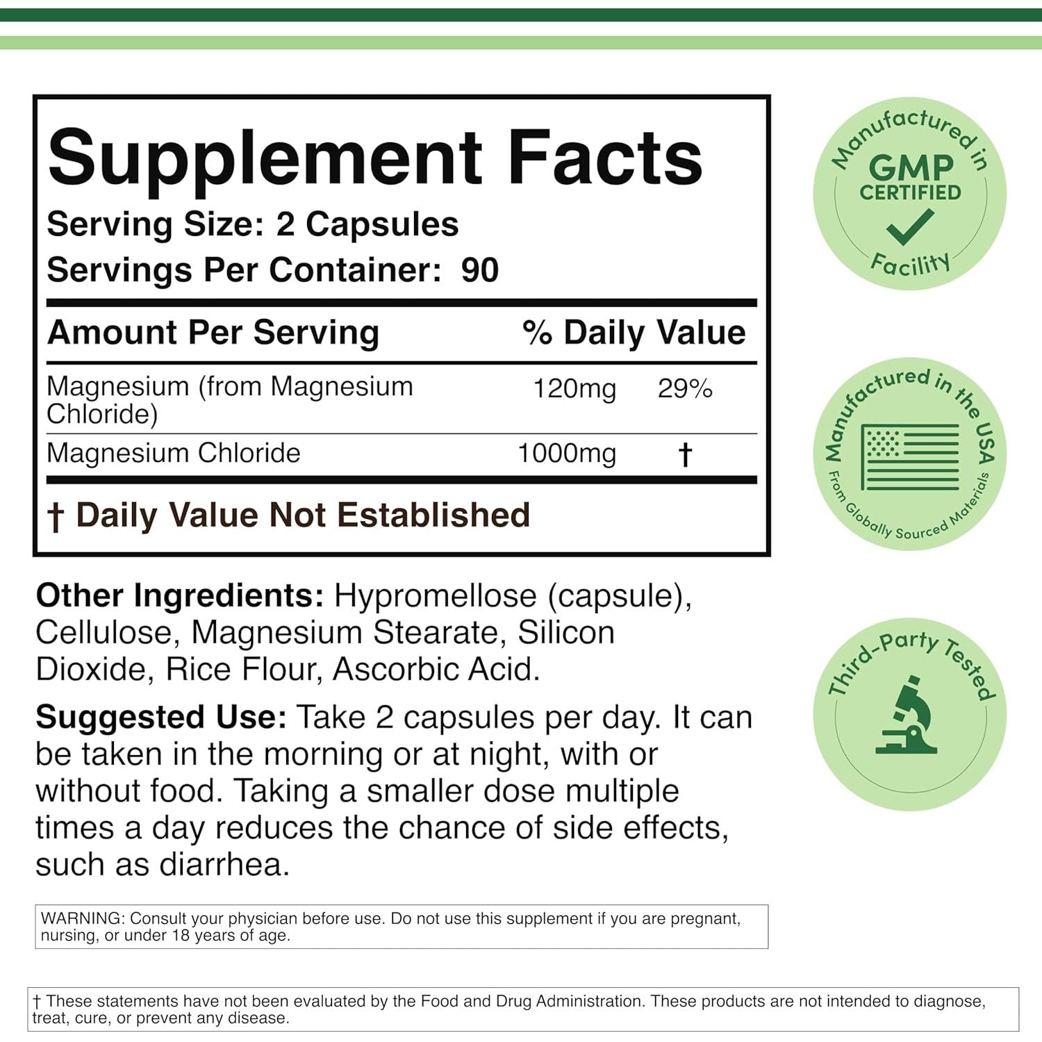 Magnesium Chloride (Cloruro De Magnesio) - 180 Capsules, 1,000Mg per Serving, for Sleep, Constipation, Digestion, Bone Health, and Relaxation - Made and Tested in the USA by Double Wood Supplements…