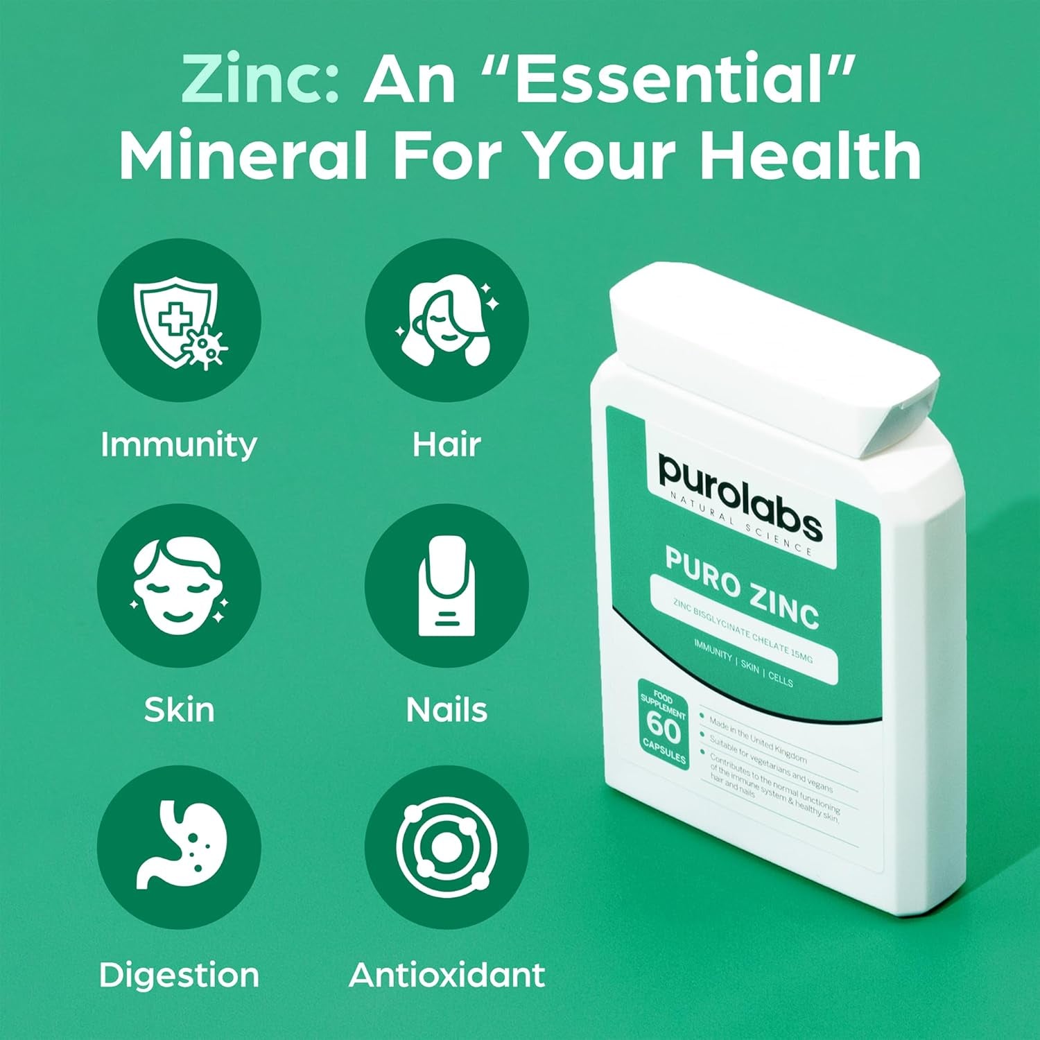 High Strength Zinc Supplement 15Mg by Purolabs - Chelated Zinc Bisglycinate - Vegan Capsules - High Absorption Tablets for Men & Women - Immune & Skin Support Supplements - 60 Count